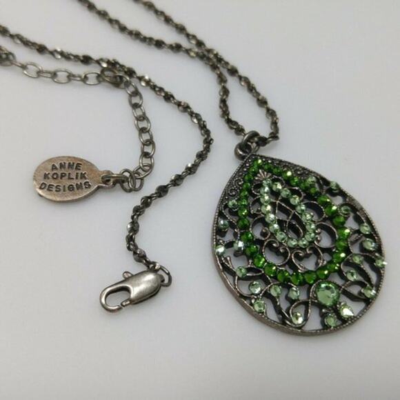 Anne Koplik Designs Necklace, Light Dark Green Rhinestone Teardrop Pendant, 18" - Picture 9 of 10